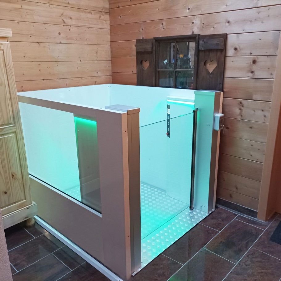 Moderne Lift mit Glastür und türkisfarbiger Beleuchtung in rustikalem Raum.